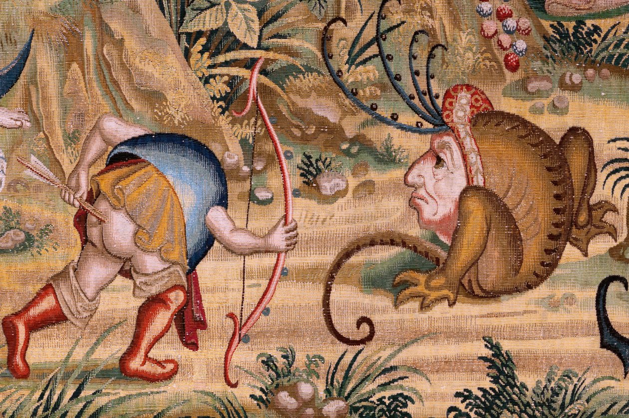 flamsk gobelin. Serie fire gobeliner efter Hieronymus Bosch. Sankt Antonius i bøn (San Antonio en oración). Andet gobelin i serien. Model Inspireret af Hieronymus Boschs arbejde. Fremstilling Ukendt værksted, Bruxelles. Før 1560. Stof Go af Hieronymus (after) Bosch