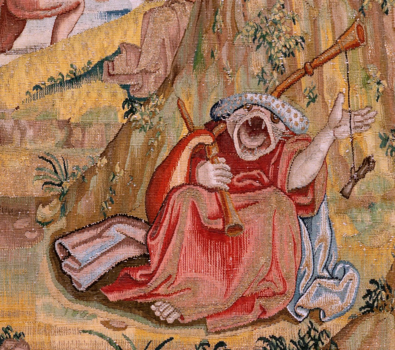 flamsk gobelin. Serie fire gobeliner efter Hieronymus Bosch. Sankt Antonius i bøn (San Antonio en oración). Andet gobelin i serien. Model Inspireret af Hieronymus Boschs arbejde. Fremstilling Ukendt værksted, Bruxelles. Før 1560. Stof Go af Hieronymus (after) Bosch