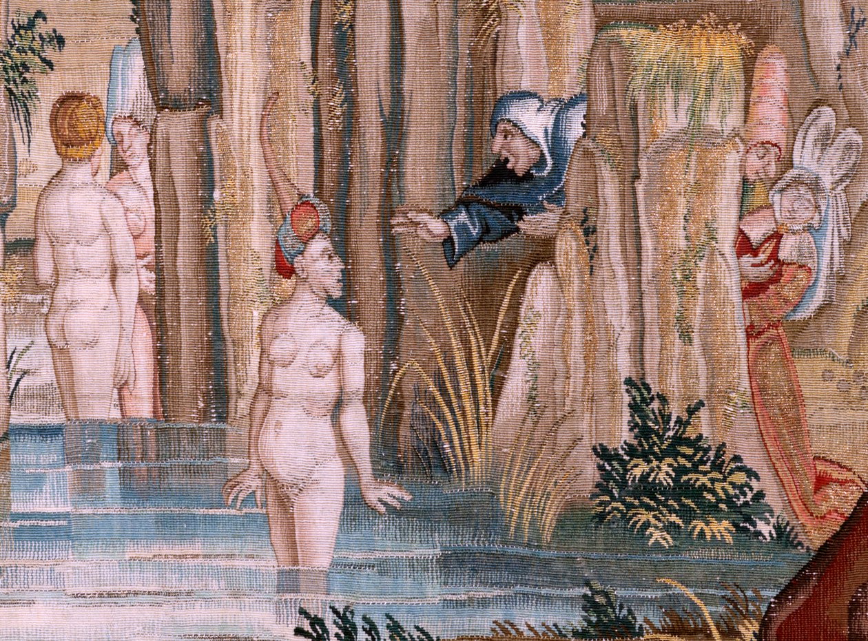 flamsk gobelin. Serie fire gobeliner efter Hieronymus Bosch. Sankt Antonius i bøn (San Antonio en oración). Andet gobelin i serien. Model Inspireret af Hieronymus Boschs arbejde. Fremstilling Ukendt værksted, Bruxelles. Før 1560. Stof Go af Hieronymus (after) Bosch