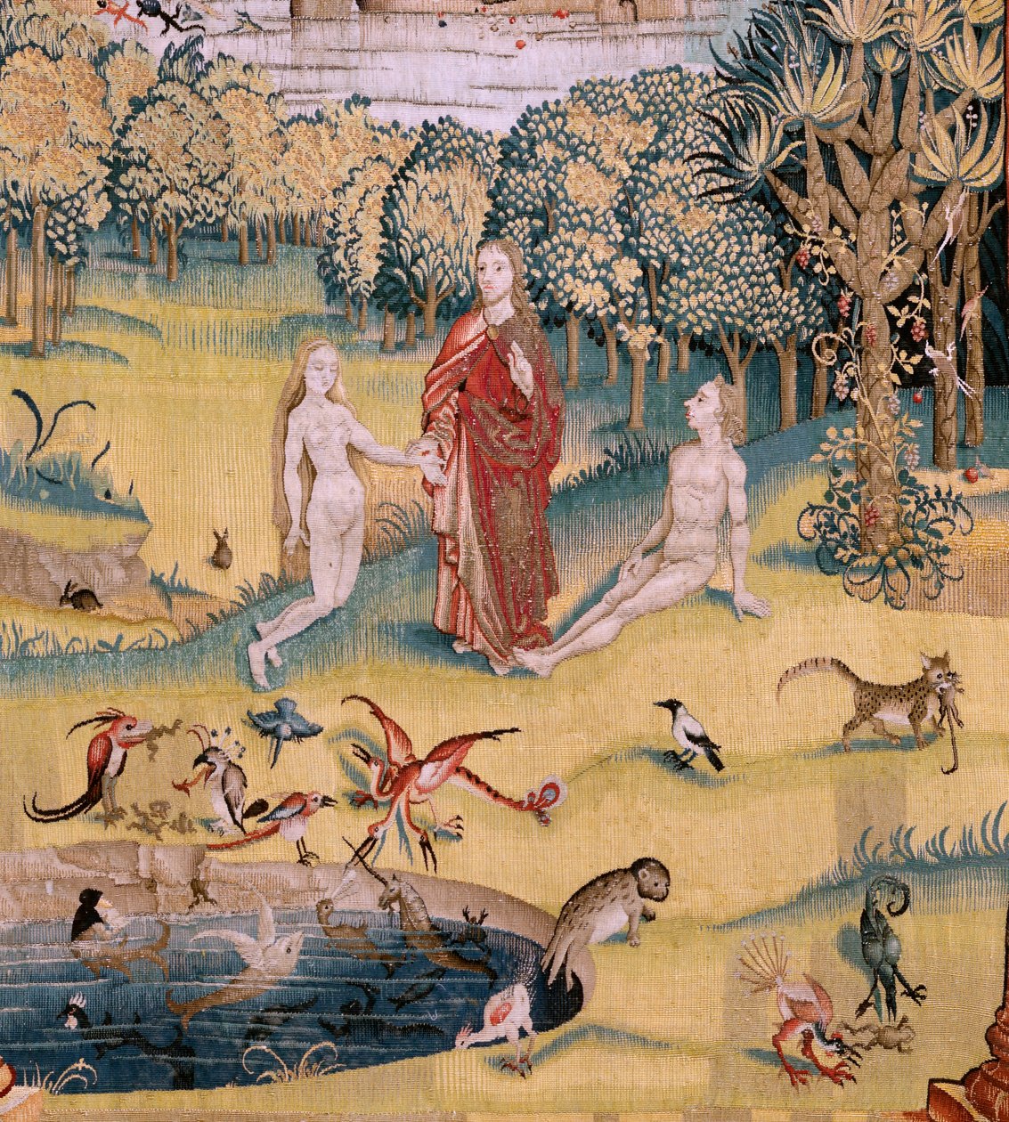 flamsk gobelin. Serie fire gobeliner efter Hieronymus Bosch. De jordiske glæders have (Jardín de las Delicias). Fjerde gobelin i serien. Model Inspireret af Hieronymus Boschs arbejde. Fremstilling Ukendt værksted, Bruxelles. Før 1560. Fa af Hieronymus (after) Bosch