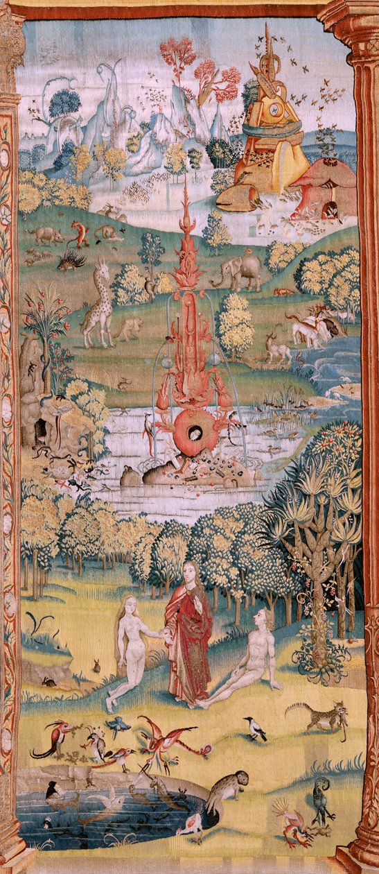 flamsk gobelin. Serie fire gobeliner efter Hieronymus Bosch. De jordiske glæders have (Jardín de las Delicias). Fjerde gobelin i serien. Model Inspireret af Hieronymus Boschs arbejde. Fremstilling Ukendt værksted, Bruxelles. Før 1560. Fa af Hieronymus (after) Bosch