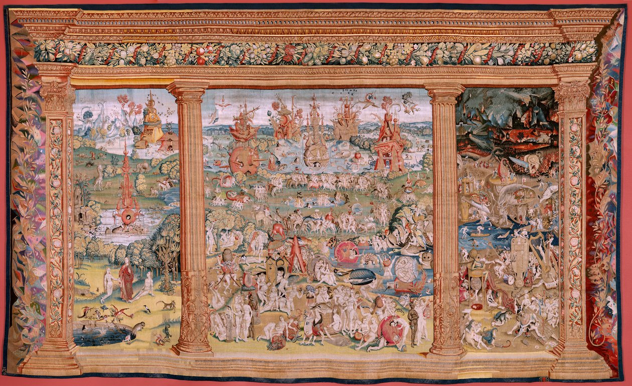 flamsk gobelin. Serie fire gobeliner efter Hieronymus Bosch. De jordiske glæders have (Jardín de las Delicias). Fjerde gobelin i serien. Model Inspireret af Hieronymus Boschs arbejde. Fremstilling Ukendt værksted, Bruxelles. Før 1560. Fa af Hieronymus (after) Bosch
