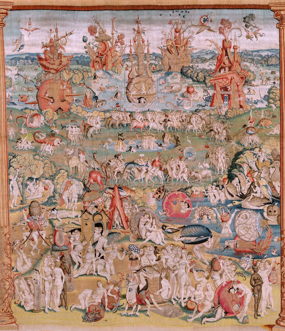 flamsk gobelin. Serie fire gobeliner efter Hieronymus Bosch. De jordiske glæders have (Jardín de las Delicias). Fjerde gobelin i serien. Model Inspireret af Hieronymus Boschs arbejde. Fremstilling Ukendt værksted, Bruxelles. Før 1560. Fa af Hieronymus (after) Bosch