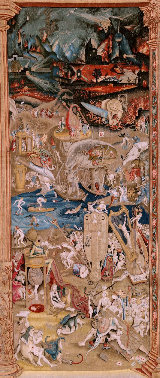 flamsk gobelin. Serie fire gobeliner efter Hieronymus Bosch. De jordiske glæders have (Jardín de las Delicias). Fjerde gobelin i serien. Model Inspireret af Hieronymus Boschs arbejde. Fremstilling Ukendt værksted, Bruxelles. Før 1560. Fa af Hieronymus (after) Bosch