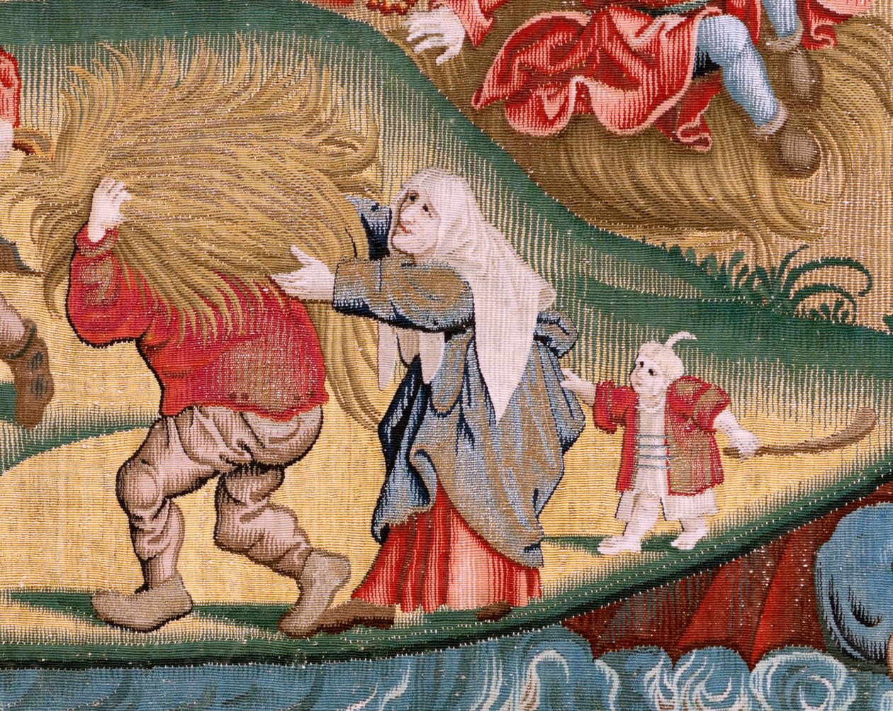 flamsk gobelin. Serie fire gobeliner efter Hieronymus Bosch. Trængsler i menneskelivet (Tribulaciones de la vida humana). Tredje gobelin i serien. Model Inspireret af Hieronymus Boschs arbejde. Fremstilling Ukendt værksted, Bruxelles. Før 1560 af Hieronymus (after) Bosch