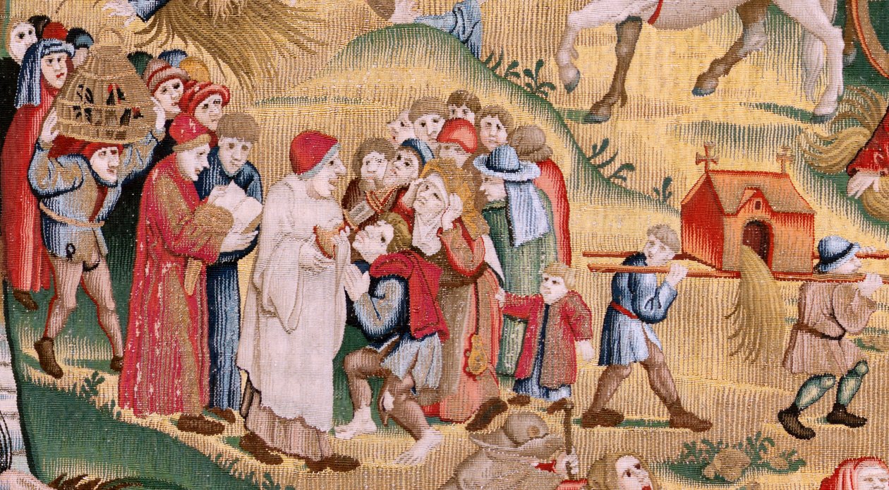 flamsk gobelin. Serie fire gobeliner efter Hieronymus Bosch. Trængsler i menneskelivet (Tribulaciones de la vida humana). Tredje gobelin i serien. Model Inspireret af Hieronymus Boschs arbejde. Fremstilling Ukendt værksted, Bruxelles. Før 1560 af Hieronymus (after) Bosch