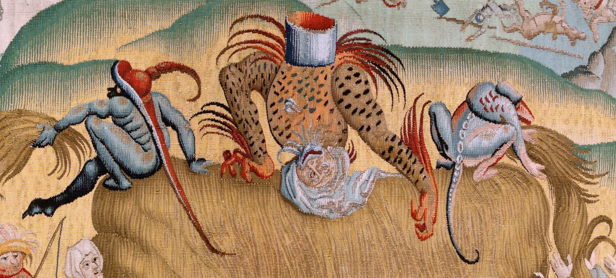 flamsk gobelin. Serie fire gobeliner efter Hieronymus Bosch. Trængsler i menneskelivet (Tribulaciones de la vida humana). Tredje gobelin i serien. Model Inspireret af Hieronymus Boschs arbejde. Fremstilling Ukendt værksted, Bruxelles. Før 1560 af Hieronymus (after) Bosch