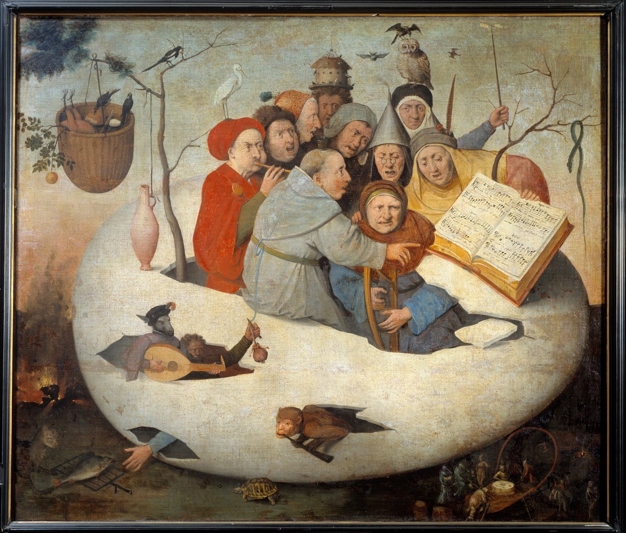 Koncerten i ægget Satire over alkymi symboliseret ved det filosofiske æg. Maleri efter Hieronymus Van Aeken (Aken) dit Jerome Bosch (1450-1516) 1400-tallet søn. 1,08x1,26 m Lille, musee des Beaux Arts. - Koncerten i Ægget. Satire over alkymi sym af Hieronymus (after) Bosch