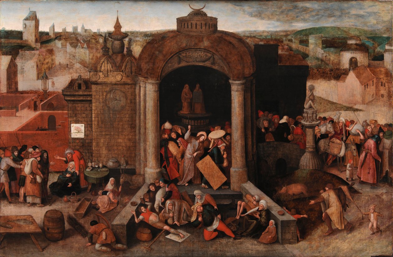Kristus driver de handlende fra templet, ca. 1570-5 (olie på panel) af Hieronymus (follower of) Bosch