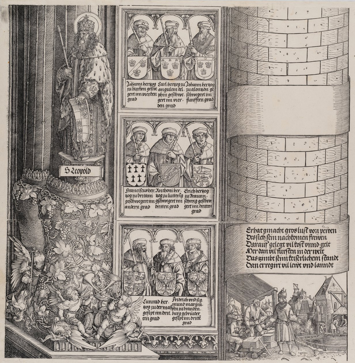 Maximilian som arkitekt, med en statue af St. Leopold og buster af Maximilians Ance..., 15171518. af Hieronymus Andreae