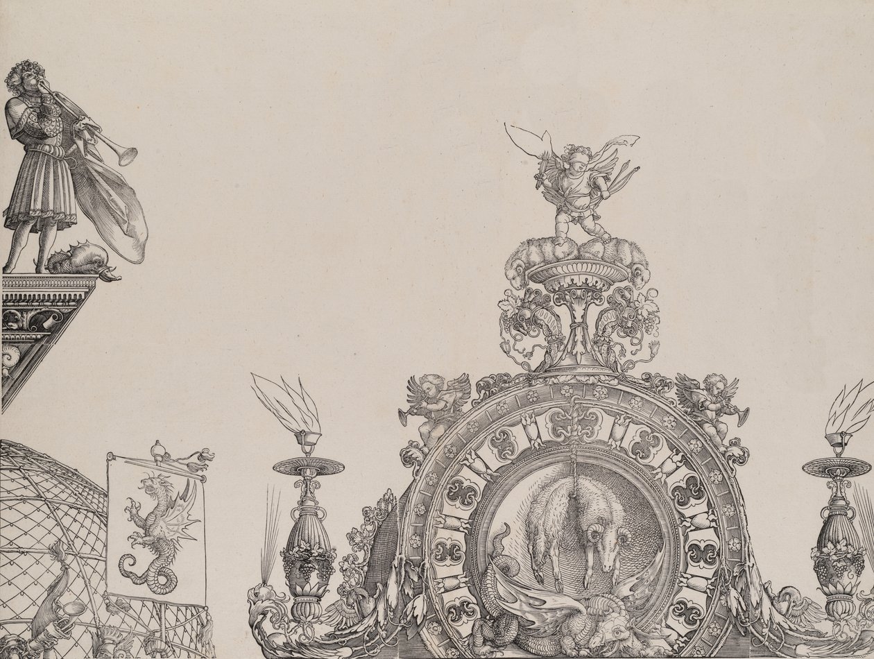 The Pinnacle of the Right Portal, og en trompetist og standard fra den centrale portal, fr..., 1515. af Hieronymus Andreae
