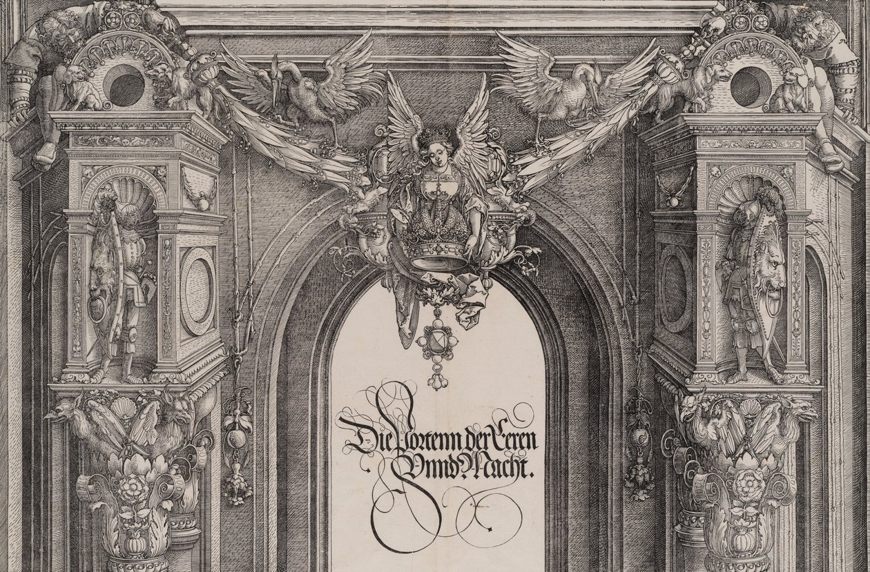 Den øvre del af indgangen til den centrale portal med en bevinget figur, der holder I..., 1515. af Hieronymus Andreae