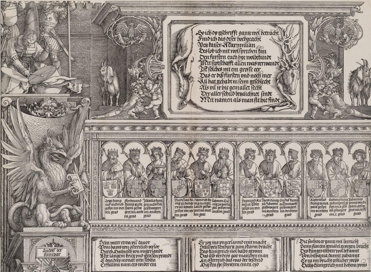 Den øverste Afsnit af den højre Portal, med Indskriften paa et Hjorteskind, en Frise med ..., 1515. af Hieronymus Andreae