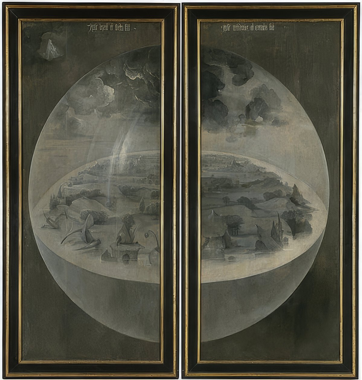 Jordens glædes have. Triptykon, bagside: Skabelsen. Omkring 1500-05 af Hieronymus Bosch