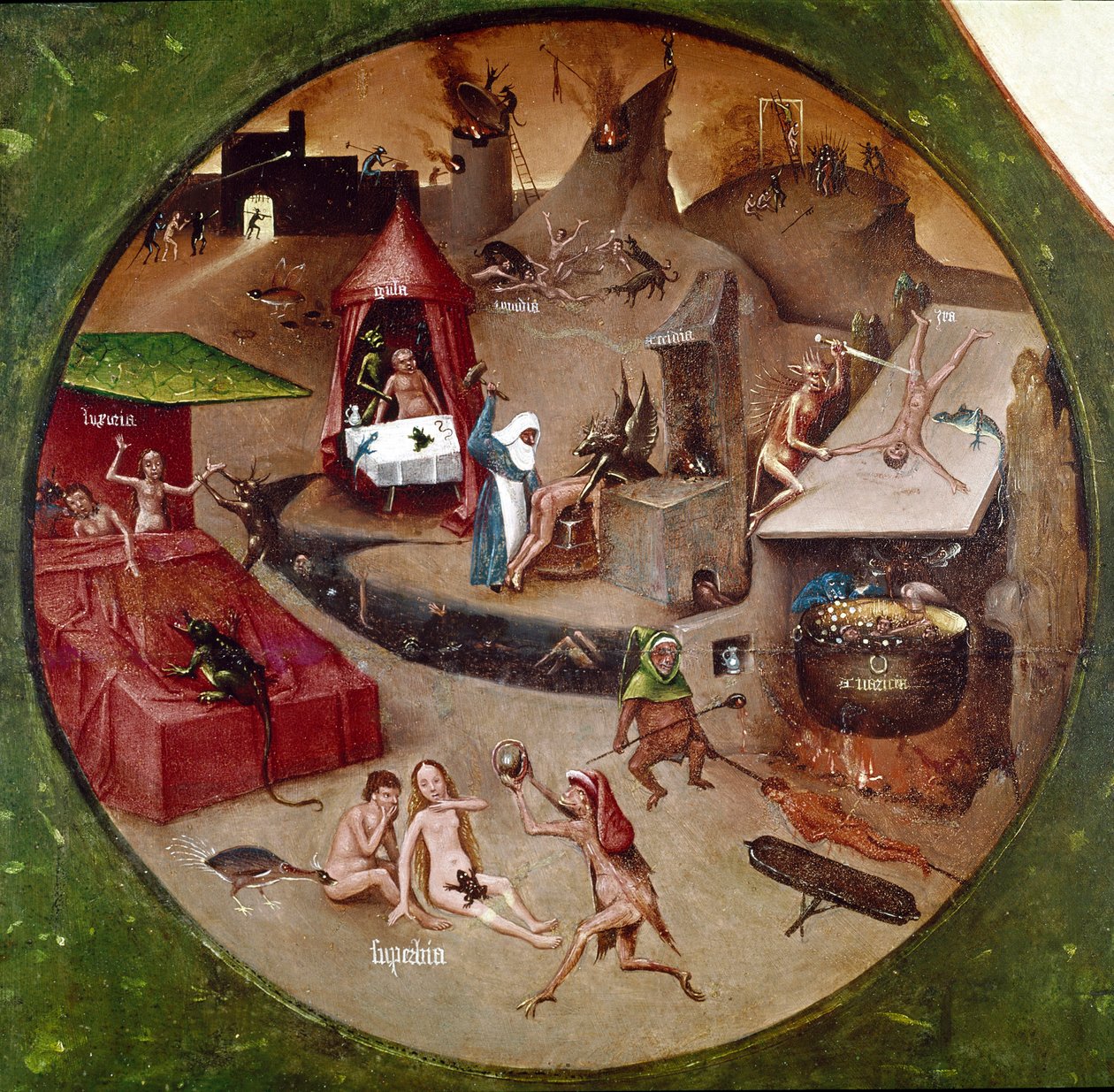 Helvede. Detalje af De syv dødssynder og de fire sidste ting (olie på panel af Hieronymus Bosch