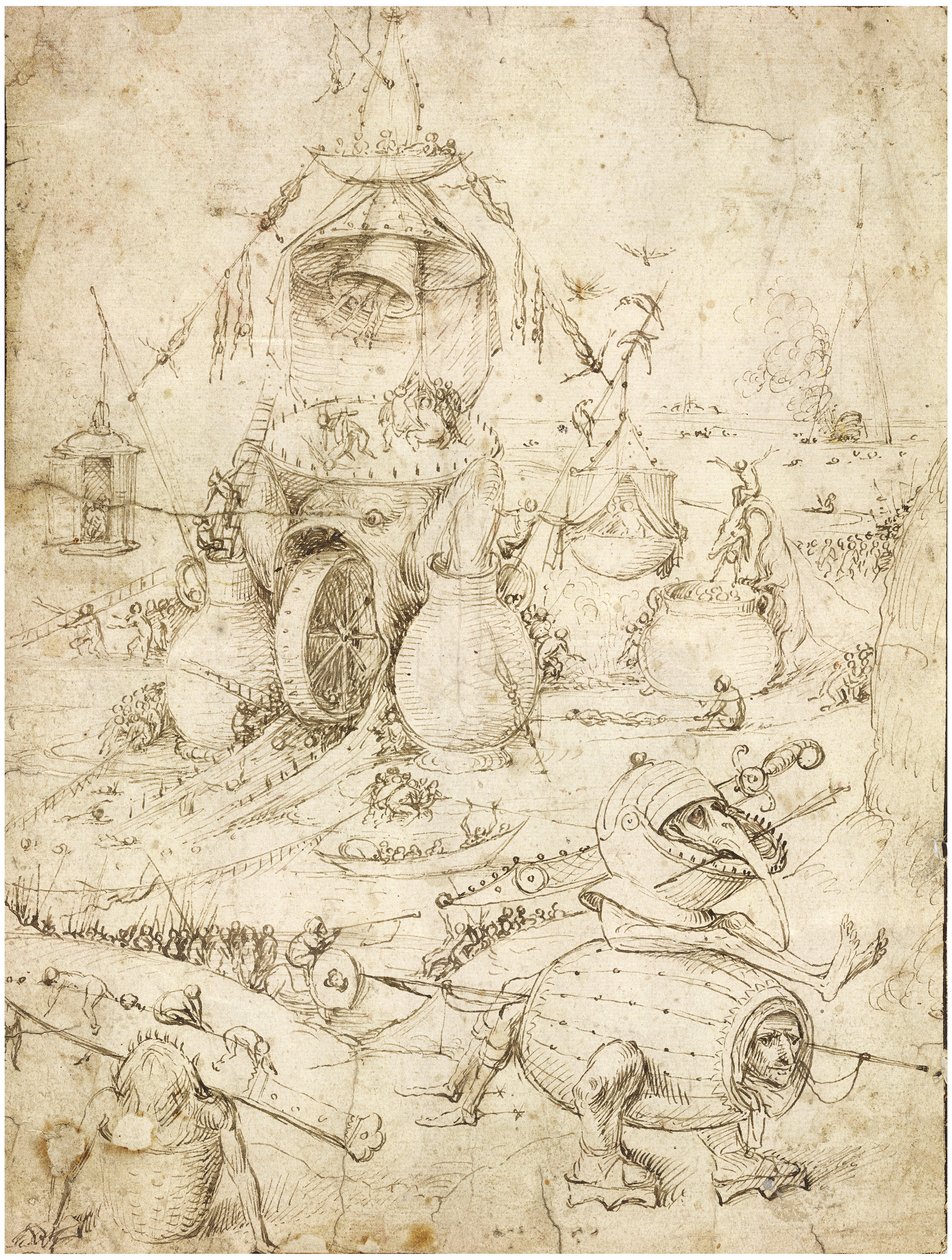 Infernalsk Landskab par Bosch, Hieronymus (ca. 1450-1516). Pen, brunt indisk blæk på papir, ca. 1500, Privat Samling af Hieronymus Bosch