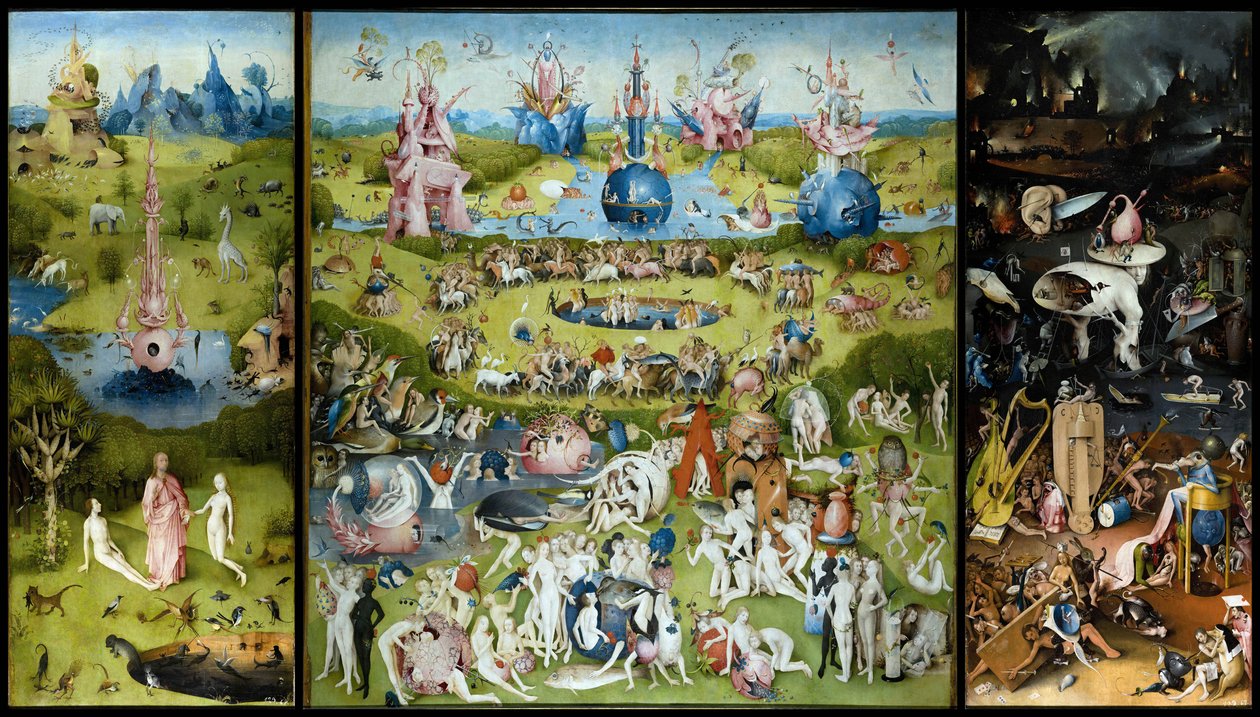 ""De jordiske glæders have"" Venstre panel: skabelsen af ​​Adam og Eva. Centralpanel: de elskende, der nyder frugterne. Højre panel: helvede. Tryptykon af Hieronymus Van Aeken (Aken) kendt som Jerome Bosch (1450-1516) af Hieronymus Bosch