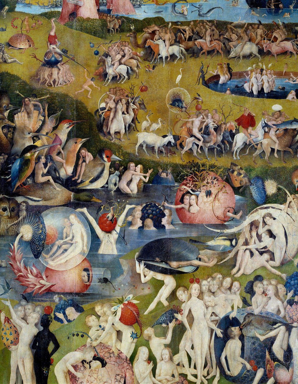 Mænd og kvinder nyder jordens fornøjelser. Detalje af den centrale del af tryptiken "The Garden of Terrestrial Delices"" af Hieronymus Van Aeken (Aken) dit Jerome Bosch (1450-1516) af Hieronymus Bosch