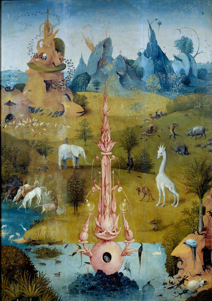 Paradis La Fontaine. Detalje af den venstre del af triptykonen "Lækkernes Have"" af Hieronymus Van Aken (Aken) dit Jerome Bosch (1450-1516) af Hieronymus Bosch