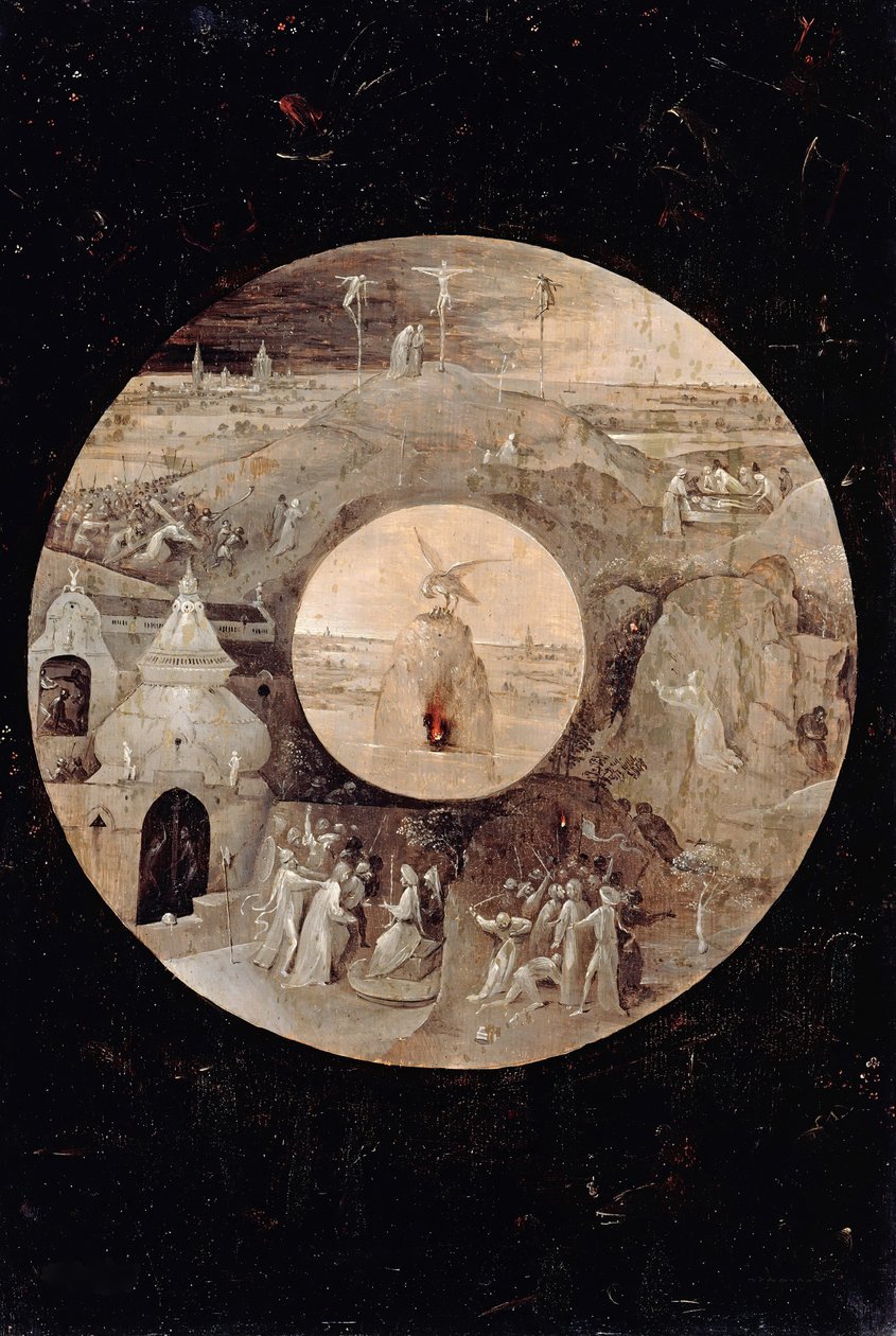 Sankt Johannes evangelisten på Patmos bagside. Kristi lidenskab, ca. 1505 af Hieronymus Bosch