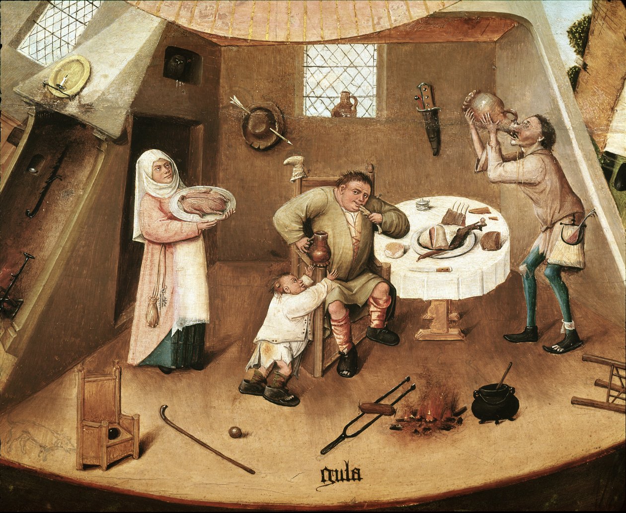 Syv dødssynd: grådig. Detalje (olie på panel af Hieronymus Bosch