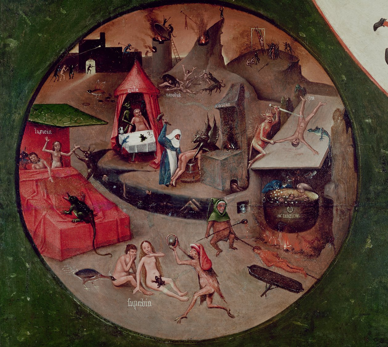 Bordplade af de syv dødssynder og de fire sidste ting, detalje fra helvede, ca. 1480 (olie på panel) af Hieronymus Bosch