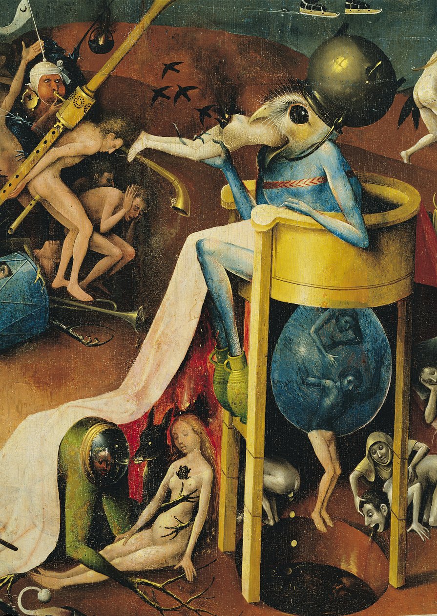 The Garden of Earthly Delights: Helvede, højre fløj af triptykon, detalje af blå fuglemand på en skammel, ca. 1500 (detalje af 3425) af Hieronymus Bosch