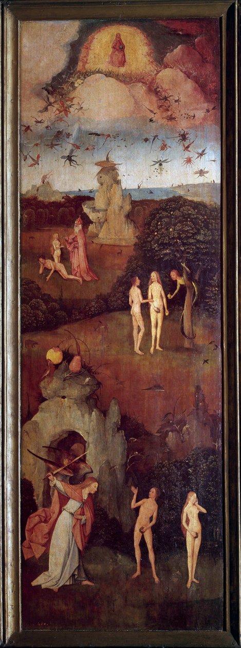 Høvognen Skabelsen af Adam og Eva. De jages fra Paradiset efter arvesynden. Venstre panel af den allegoriske tryptik på passet, nutiden af Hieronymus Van Aeken (Aken) kaldet Jerome Bosch (1450-1516), omkring 1490. Madrid, Prado Museum af Hieronymus Bosch