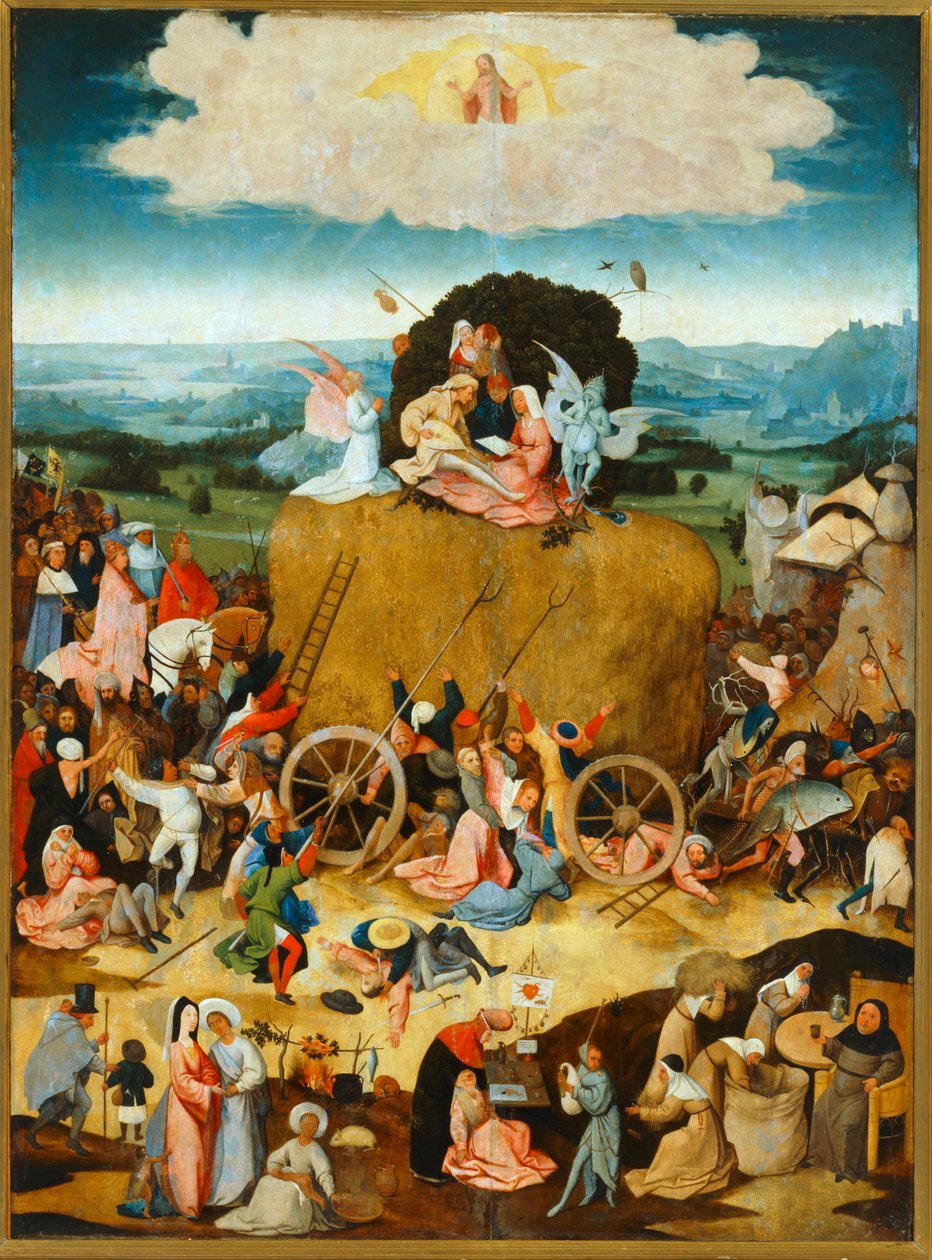 Haywain. Et flamsk ordsprog siger, at verden er en
høtyv, hvorfra hver mand tager, hvad han kan ... (maleri på træ) af Hieronymus Bosch