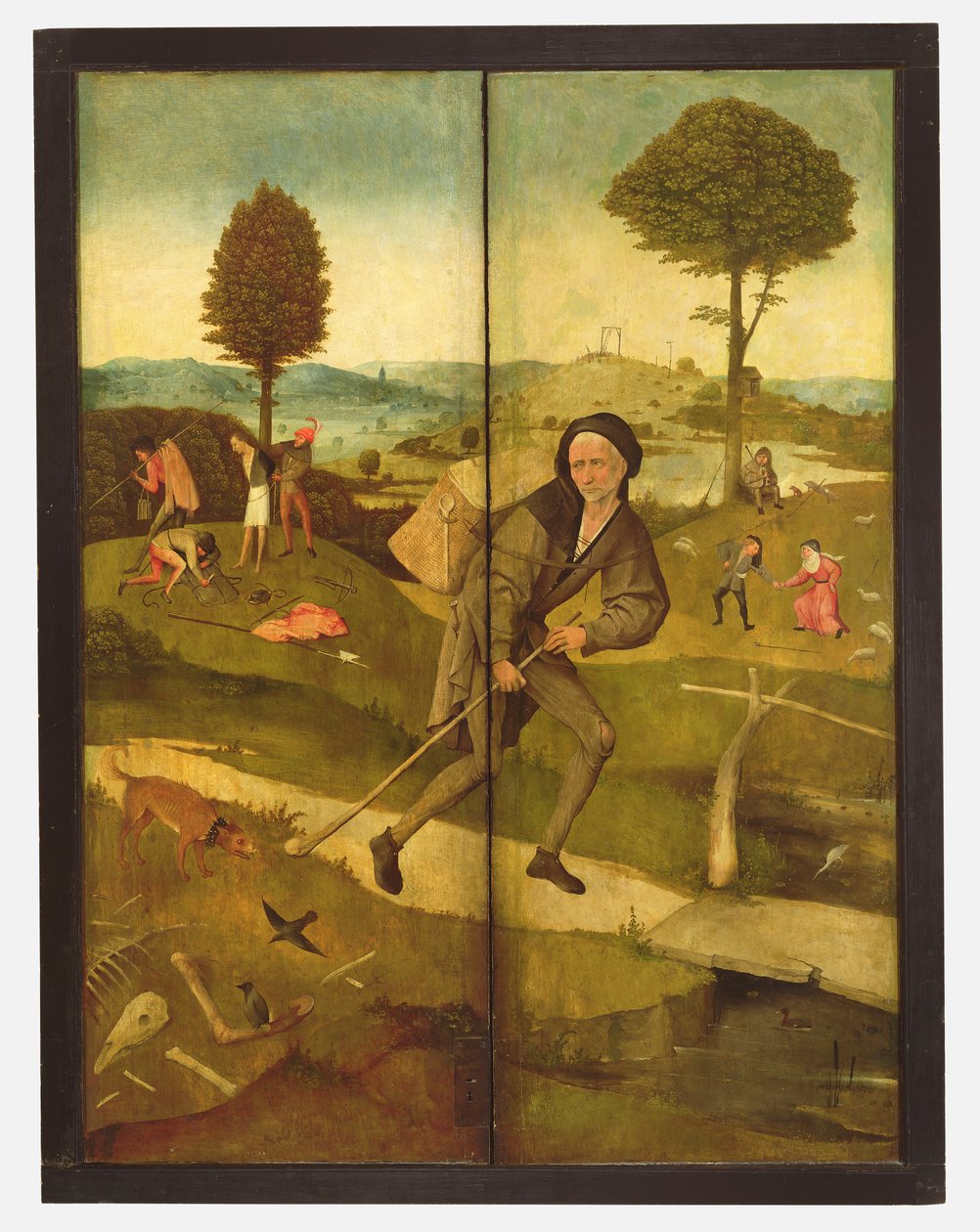 The Haywain, med paneler lukkede, der viser Everyman walking the Path of Life af Hieronymus Bosch