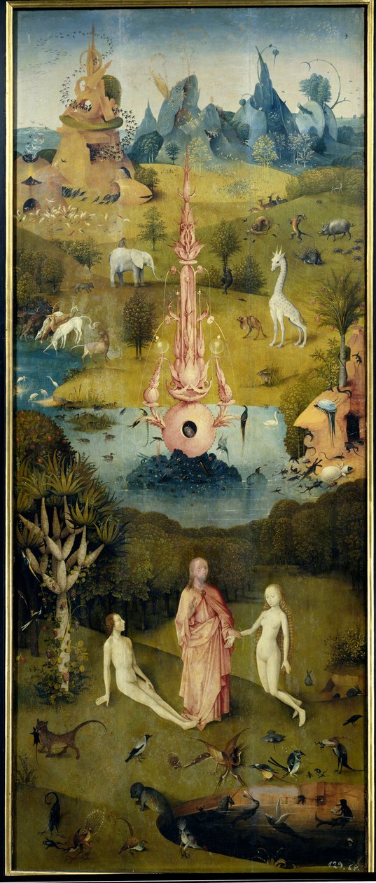 Paradiset, skabelsen af Adam og Eva (Venstre panel af The Garden of Earthly Delights) af Hieronymus Bosch
