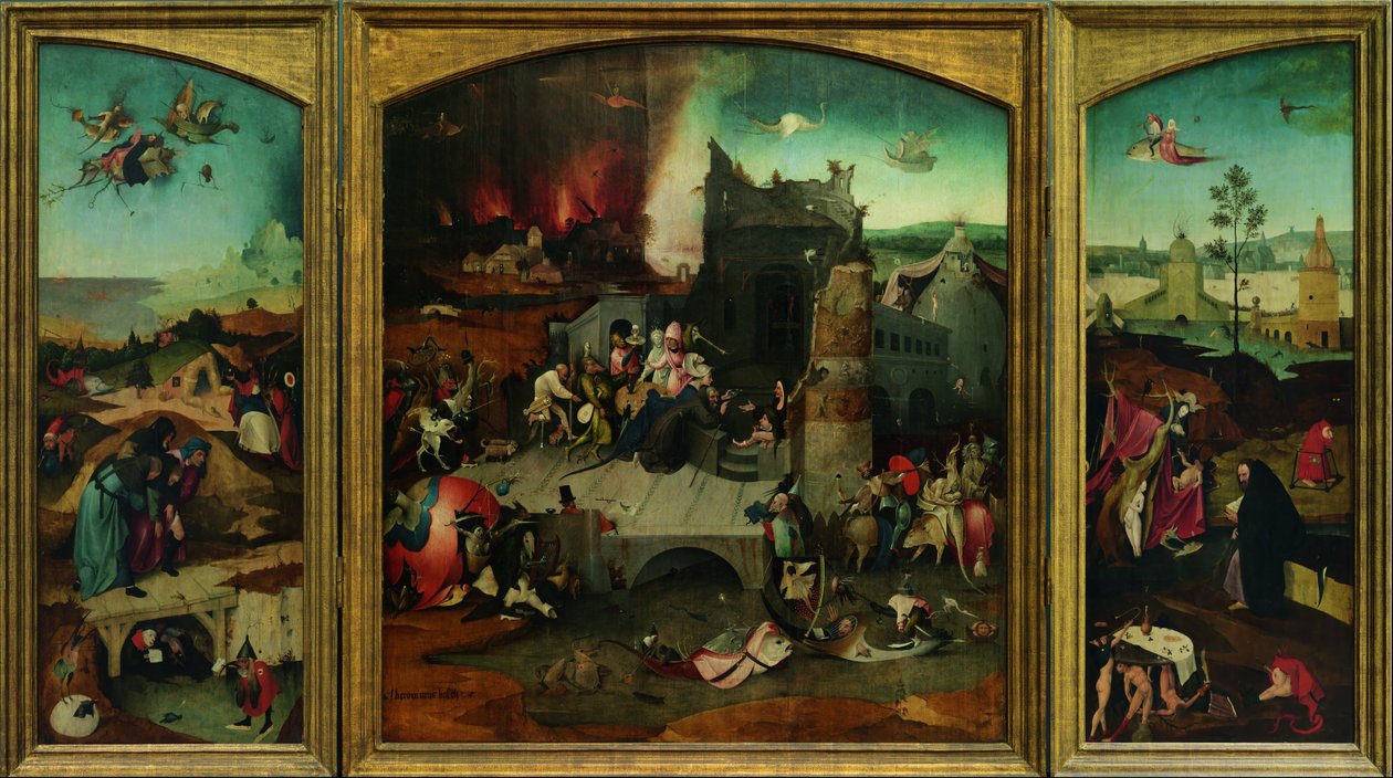 Sankt Anthonys fristelse. Høj opløsning gengivelse fra Google Art Project. Det øverste venstre hjørne skulle omsamples af Hieronymus Bosch