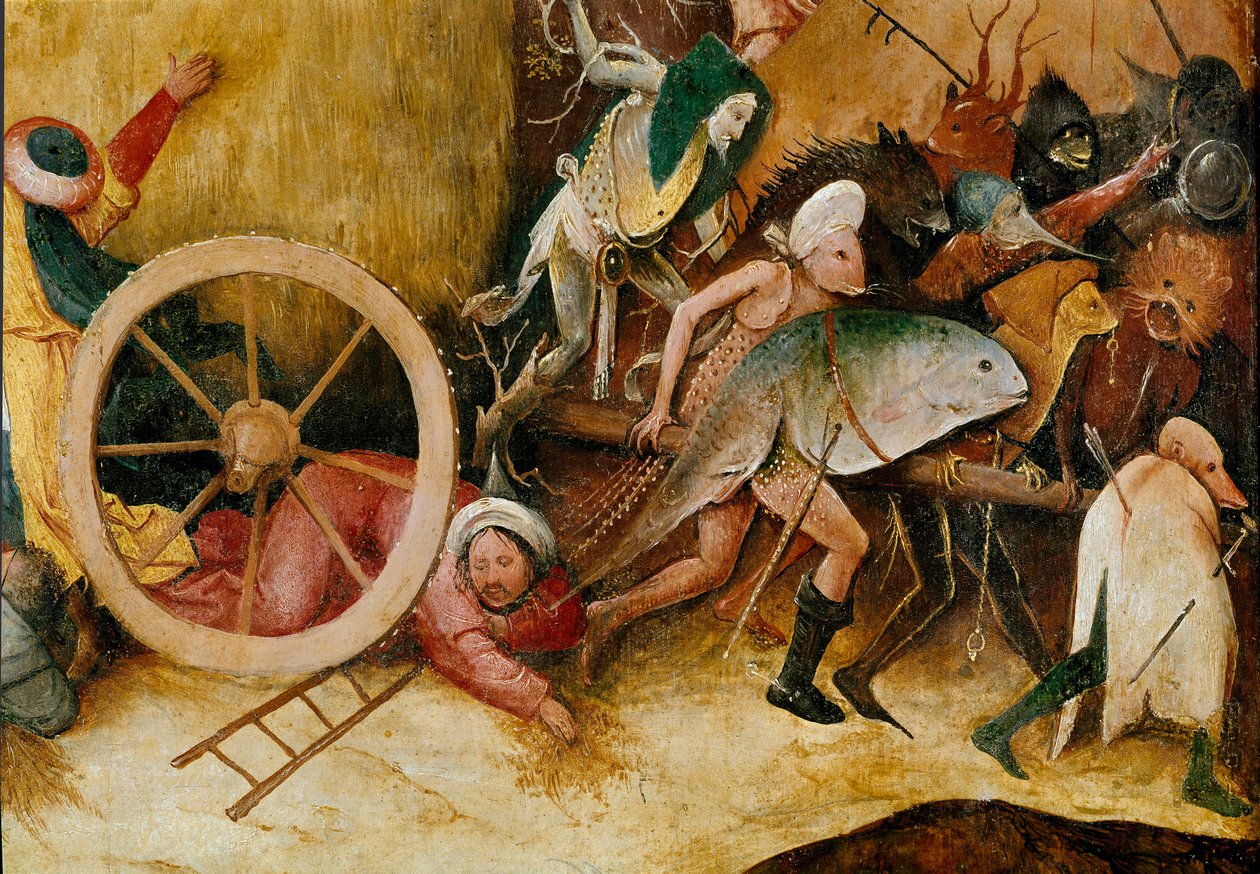 Høtanken eller høtriptykonen (høvogn): Centralpaneldetalje. Monsterfigurer, antropomorfe karakterer og en mand styrter under et hjul. Maleri af Hieronymus Van Aeken (Aken) dit Jerome Bosch (1450-1516) af Hieronymus Bosch