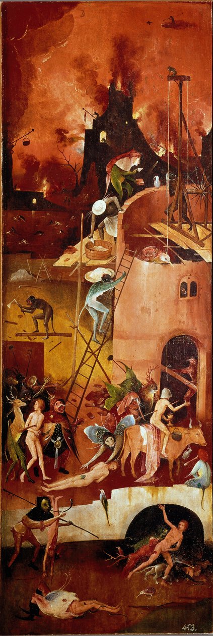 Høtryptikeren: infernalske konstruktioner. Højre indvendigt panel. Maleri på træ af Hieronymus Van Aeken (Aken) dit Jerome Bosch (1450-1516) 1500-1502 Dim. 140x232 cm Ægte Monasterio de El Escorial, El Escorial, Spanien af Hieronymus Bosch