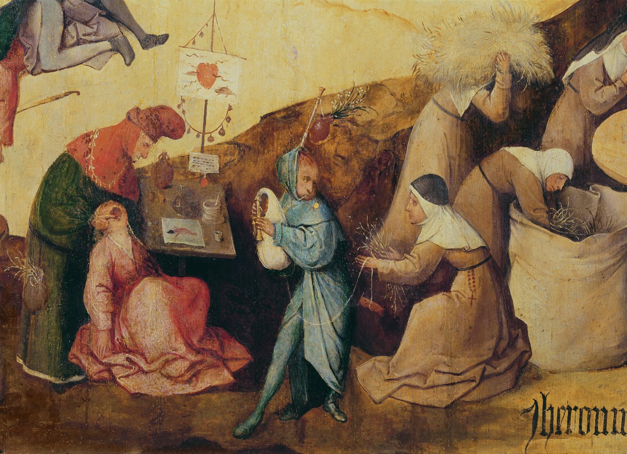 Tandtrækkeren, sækkepibespilleren og træsamlerne, detalje af midterpanelet i The Haywain Triptych, ca. 1515 (detalje af 3429) af Hieronymus Bosch