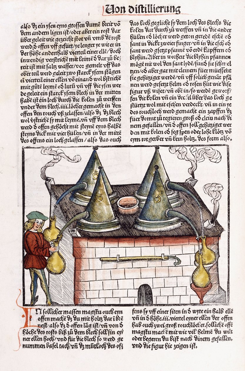 Illustration af et destilleri fra det sene 15. århundrede til at udvinde æteriske olier fra planter, 1500 af Hieronymus Brunschwig