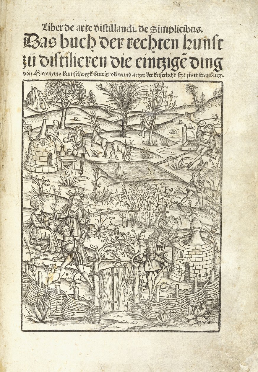 Titelblad, der illustrerer urtedestillerier med figurer i et landskab af Hieronymus Brunschwig