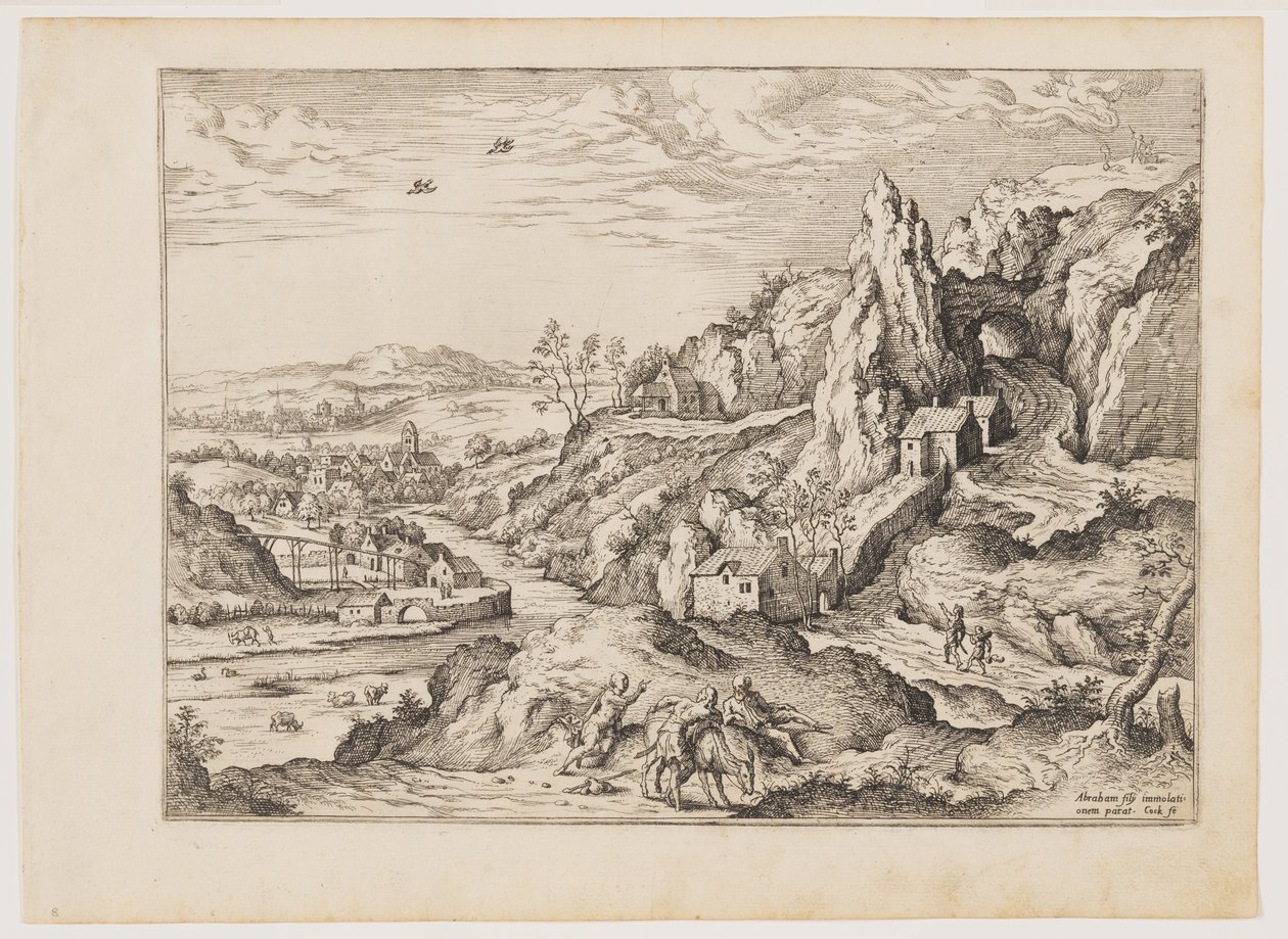 Abraham og Isak på vej til ofring, fra Landskaber med bibelske og mytologiske scener af Hieronymus Cock