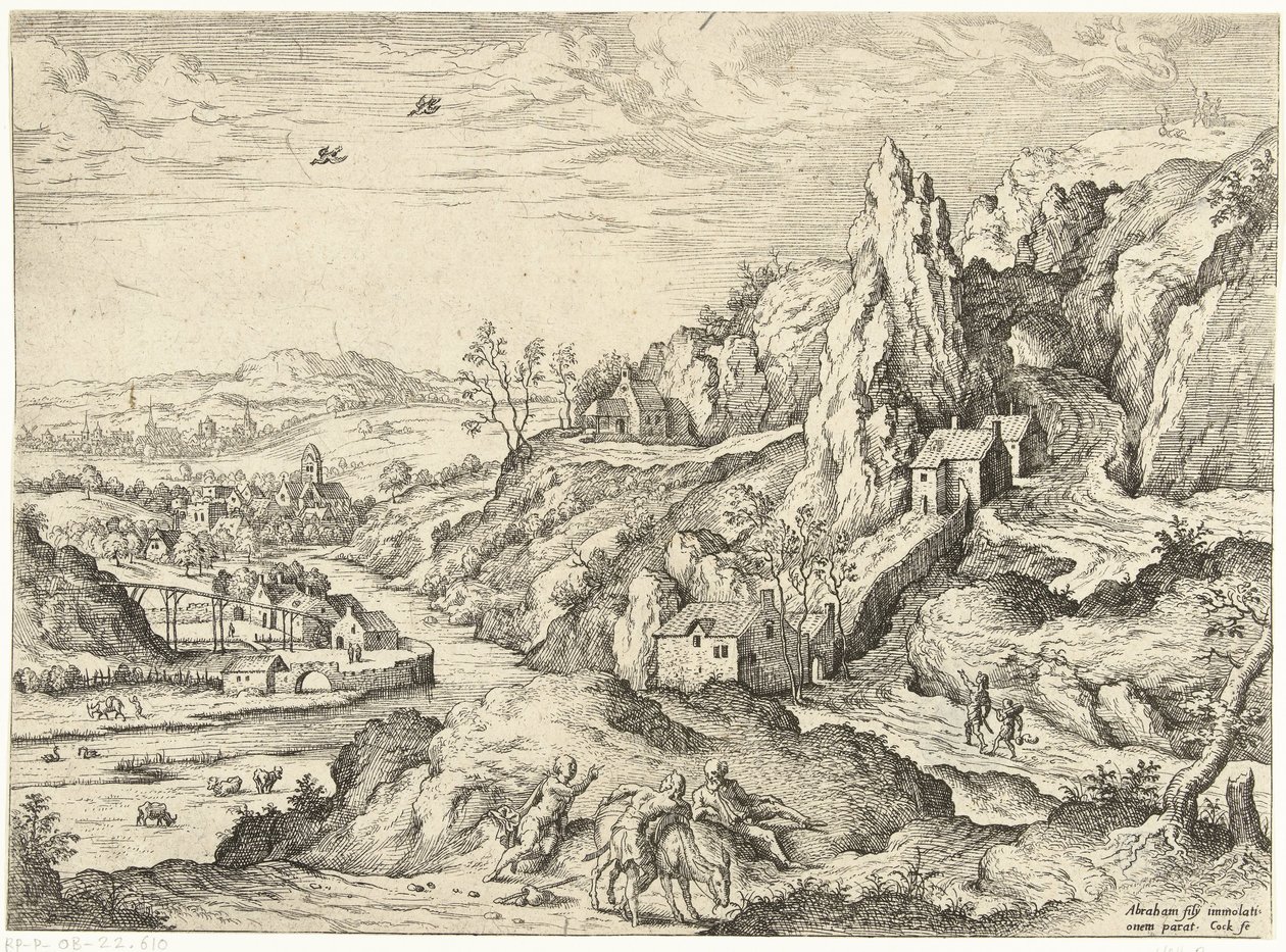 Abraham og Isak på vej til offerstedet Landskaber med bibelske og mytologiske scener (serietitel) af Hieronymus Cock