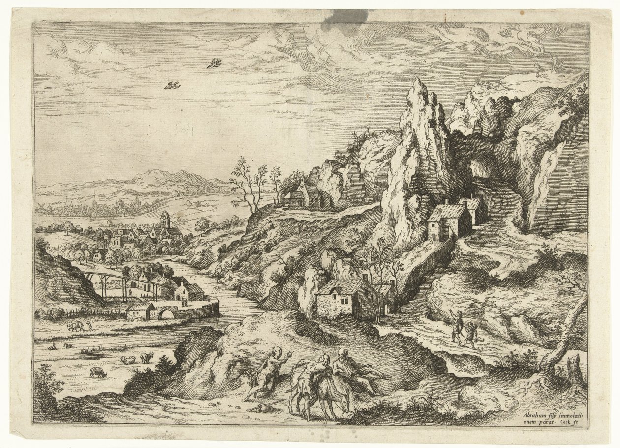 Abraham og Isak på vej til offerstedet Landskaber med bibelske og mytologiske scener (serietitel) af Hieronymus Cock
