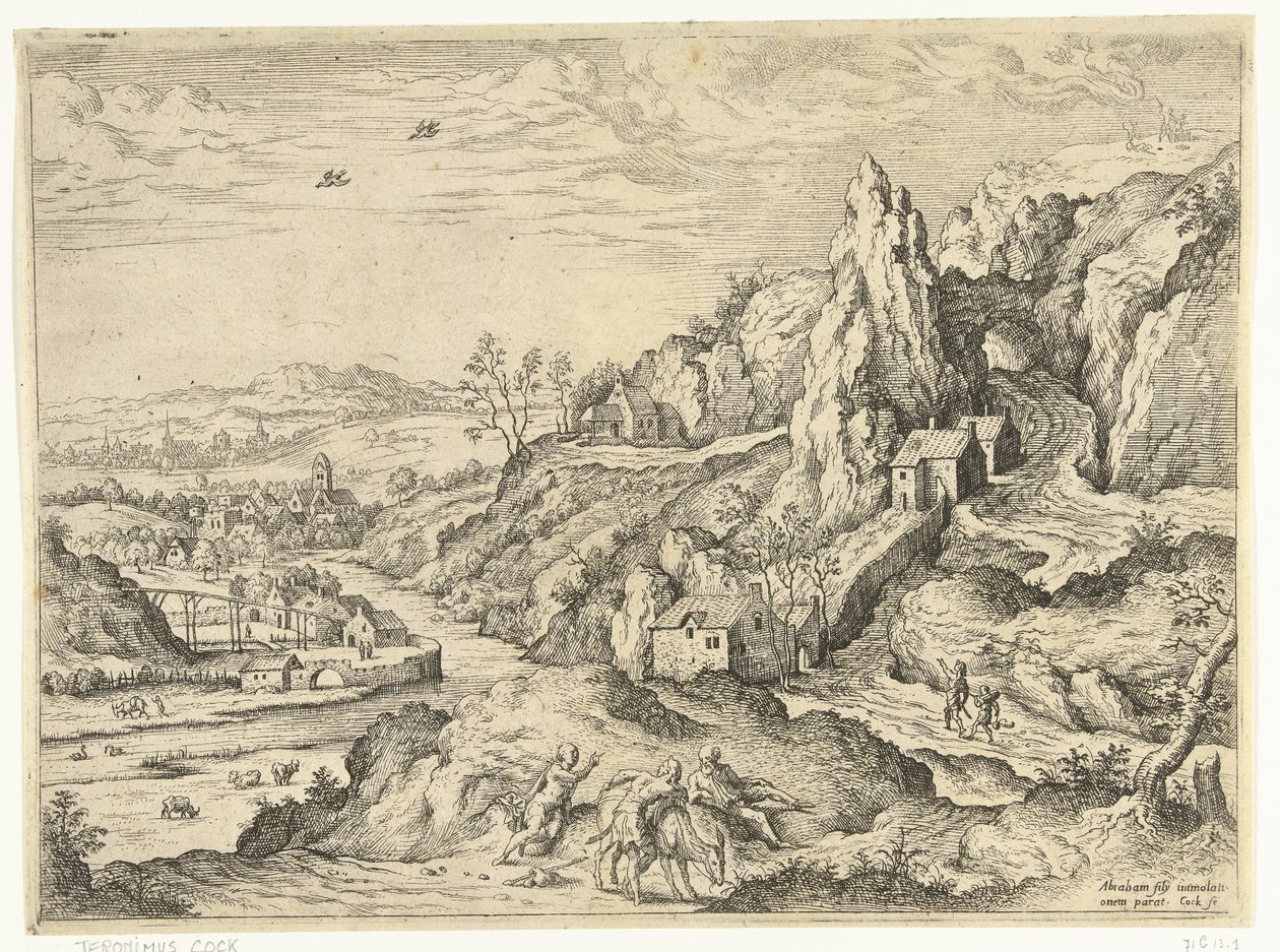 Abraham og Isak på vej til offerstedet Landskaber med bibelske og mytologiske scener (serietitel) af Hieronymus Cock