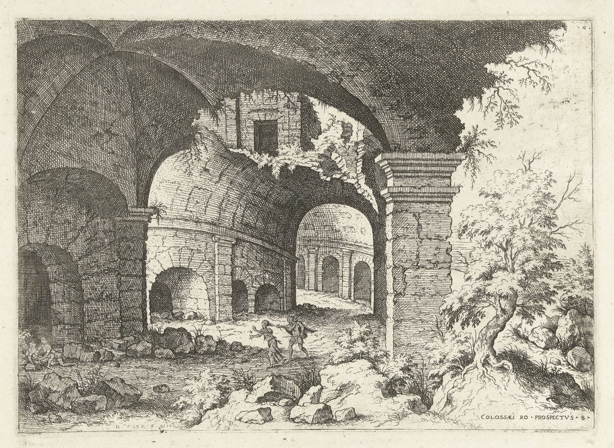 Ottende udsigt over Colosseum i Rom Colossi til prospekt vs 8 (titel på objekt) Romerske ruiner (serietitel) af Hieronymus Cock