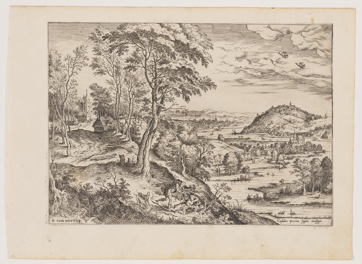 Cephalus og Procris, fra Landskaber med bibelske og mytologiske scener af Hieronymus Cock