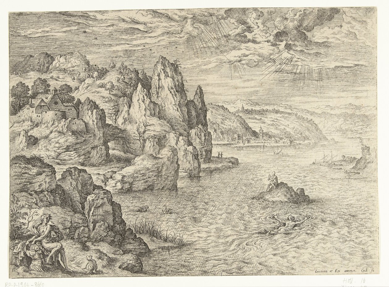 Kystlandskab med Hero og Leander Hero og Leander Landskaber med bibelske og mytologiske scener (serietitel) af Hieronymus Cock
