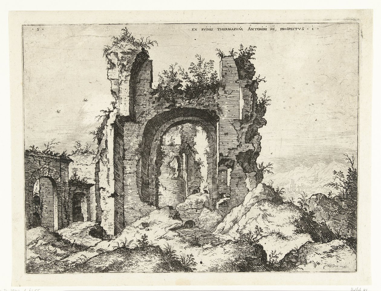Første udsigt over Caracalla-badene Ex Rvinis Thermarvm Antonii Pii (...) (titel på objekt) Romerske ruiner (serietitel) af Hieronymus Cock