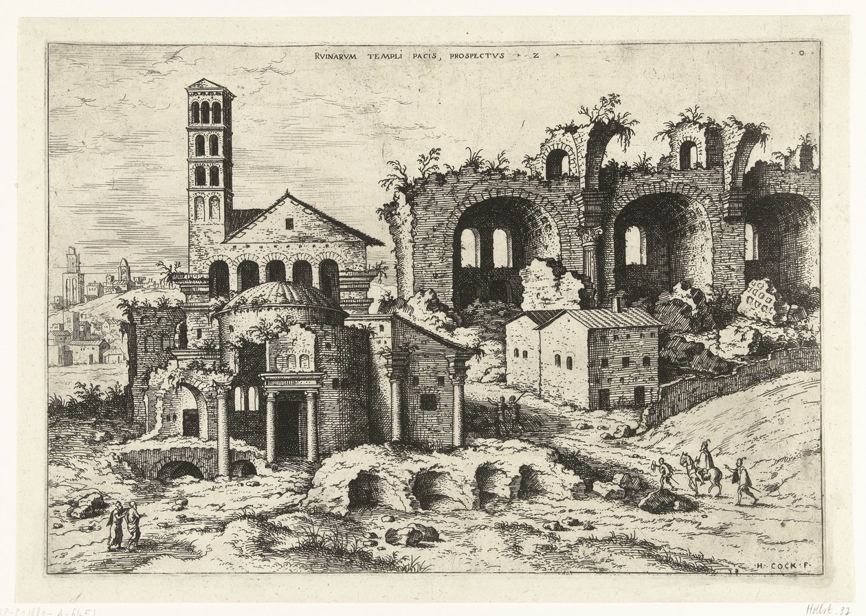 Udsigt over Romulus-templet og Konstantins basilika Rvinarvm Templi Pacis (...) (titel på objekt) Romerske ruiner (serietitel) af Hieronymus Cock