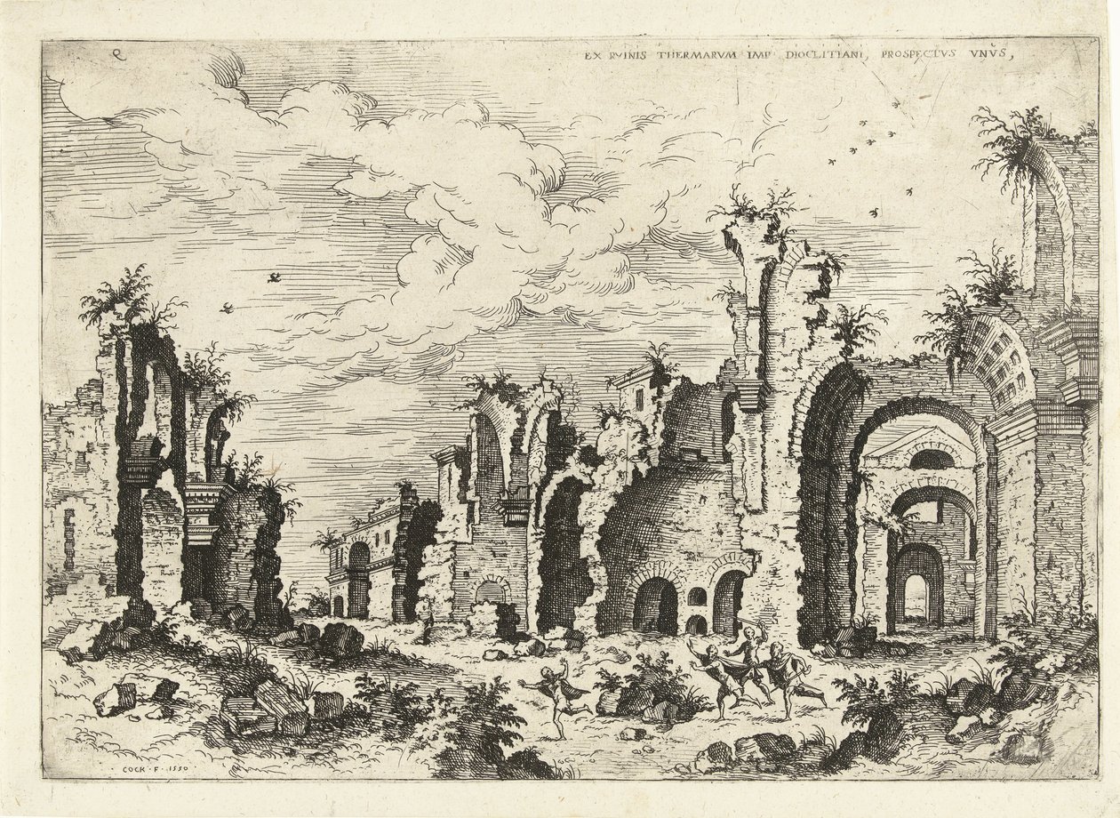 Udsigt over Diocletians bade Ex Rvinis Thermarvm Imp Diocletianvs (...) (titel på objekt) Romerske ruiner (serietitel) af Hieronymus Cock