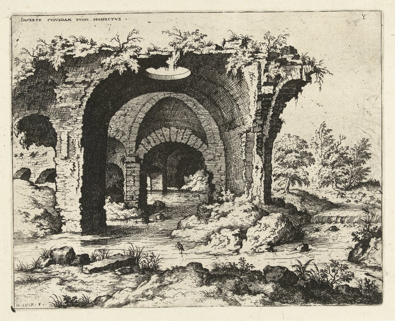 Udsigt over en ruin i Rom Incerte cvvs dam irvine prospekt (titel på objekt) Romerske ruiner (serietitel) af Hieronymus Cock
