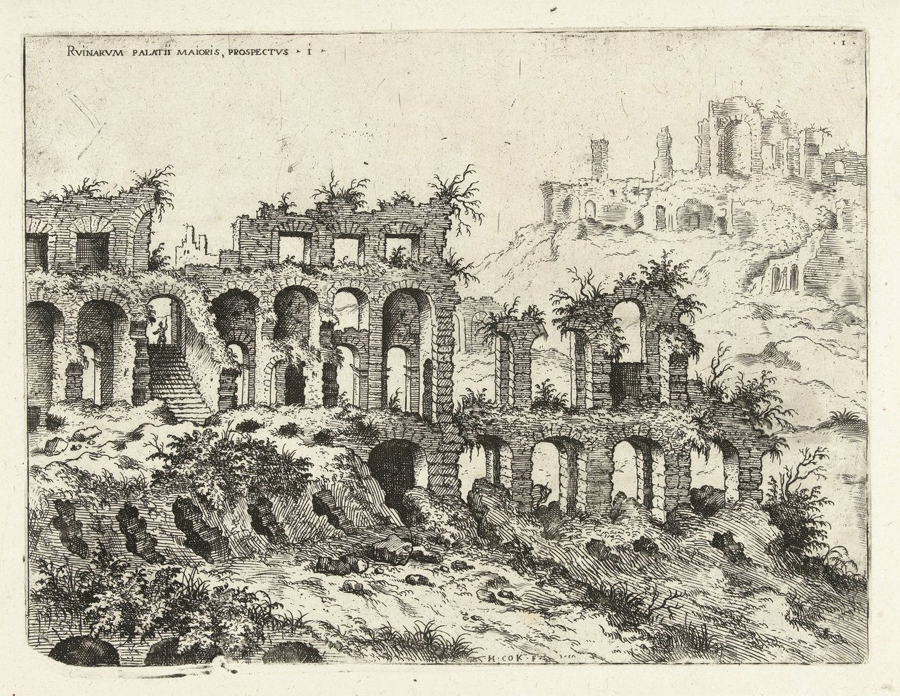 Udsigt over Colosseum og Palatinerhøjen Rvinarvm palatii maioris, prospectvs 1 (titel på objekt) Romerske ruiner (serietitel) af Hieronymus Cock