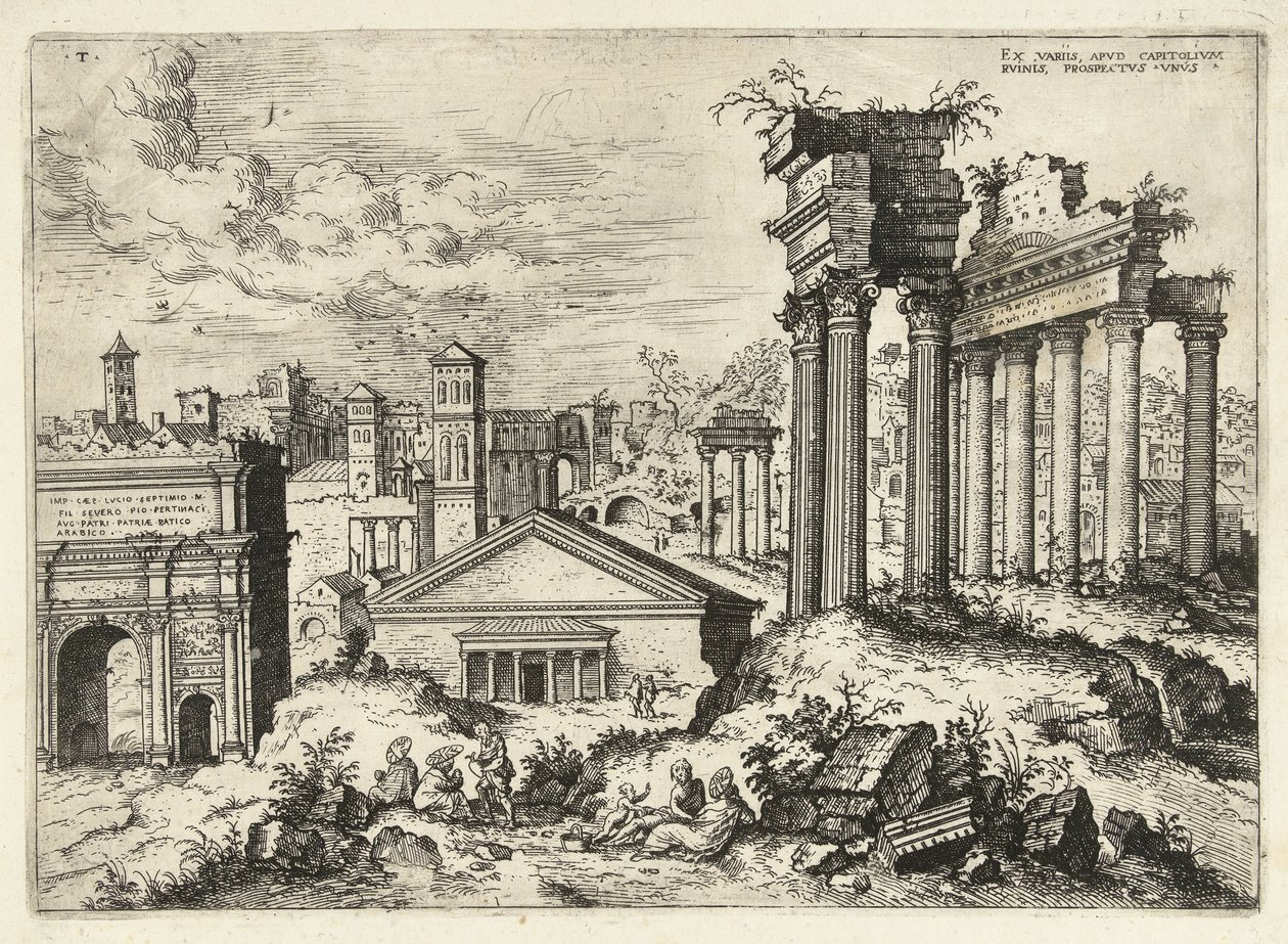 Udsigt over Forum Romanum fra Capitol Ex variis, apvd capitolvm rvinis (...) (titel på objekt) Romerske ruiner (serietitel) af Hieronymus Cock